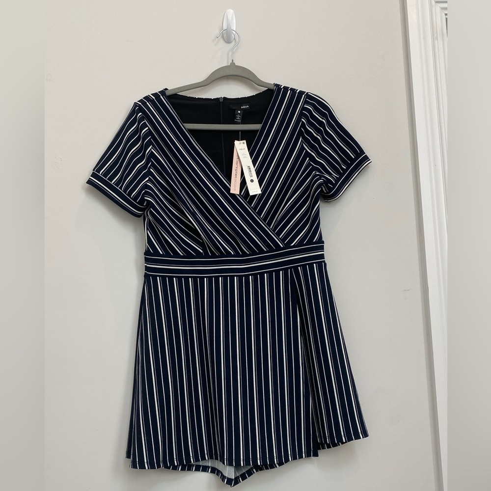 Navy Striped Skirt Overlay Romper by Aqua NWT